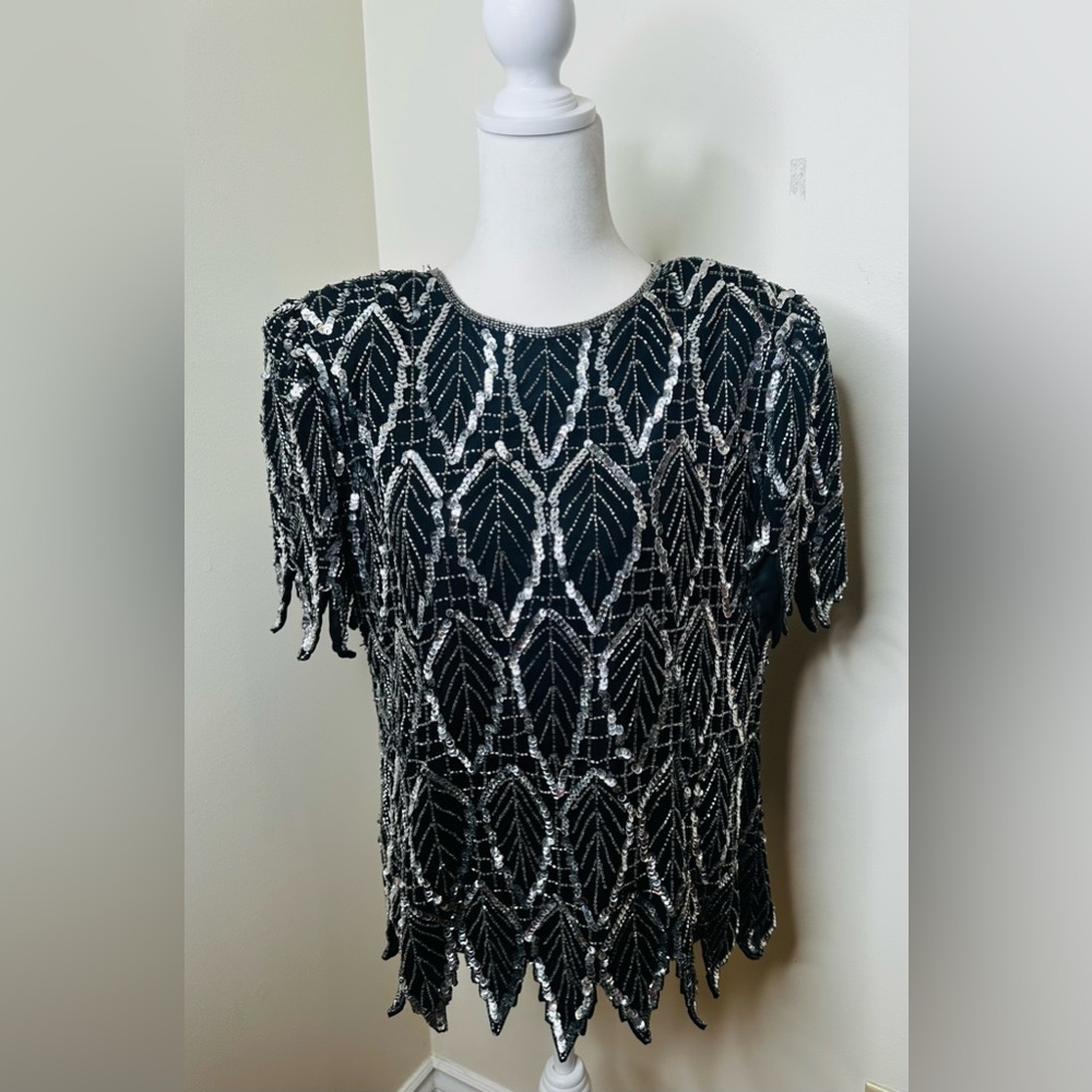 Vintage Laurence Kazar Black and Silver Sequin Top